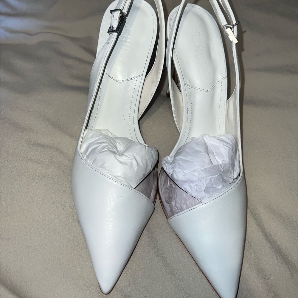 SCHUTZ White Pointed Toe Slingback Heels